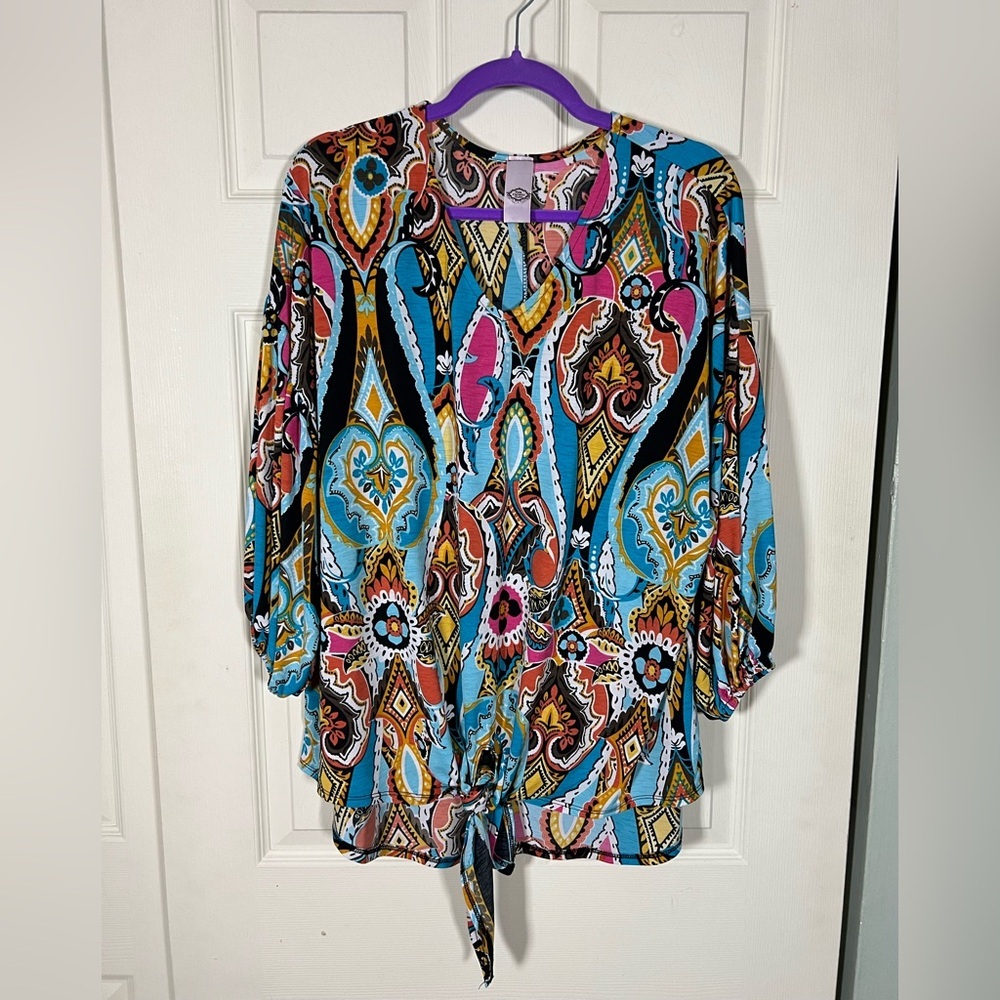 Pink Coconut Multicolor Boutique Paisley Boho Tie Front 3/4 Sleeve Blouse